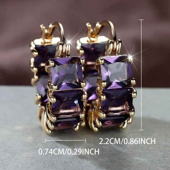 "Florence" Purple Princess Cut Amethyst CZ Huggie Hoop Earrings - Picture 4 of 4